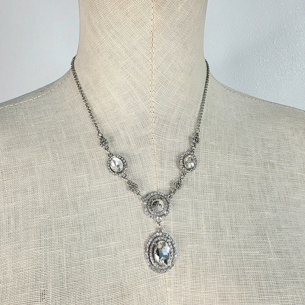 Silver Tone Clear Rhinestone Y Drop Necklace Bridal Prom Statement Jewelry